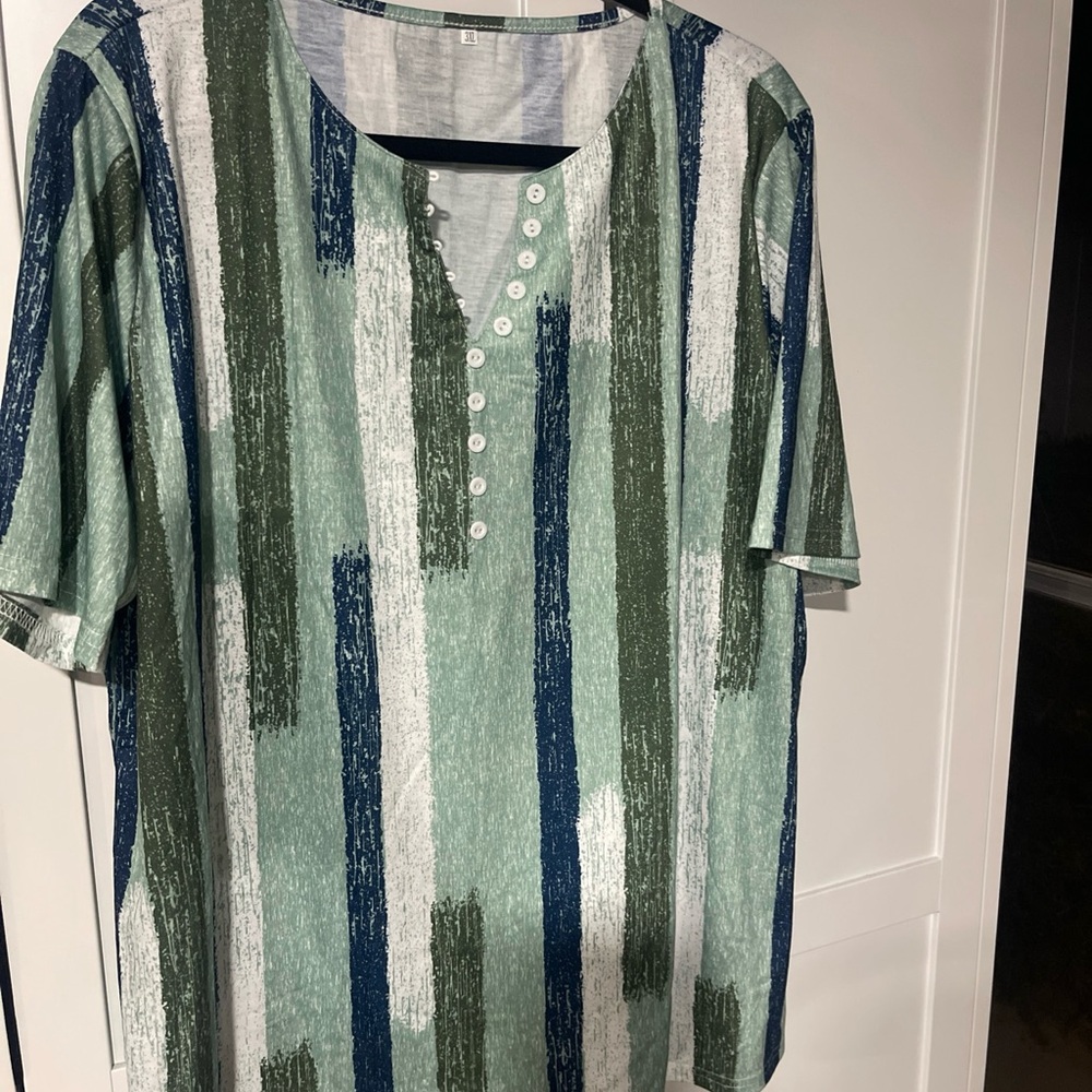 Men's Striped Casual Shirt - Green, Blue, White - 3XL